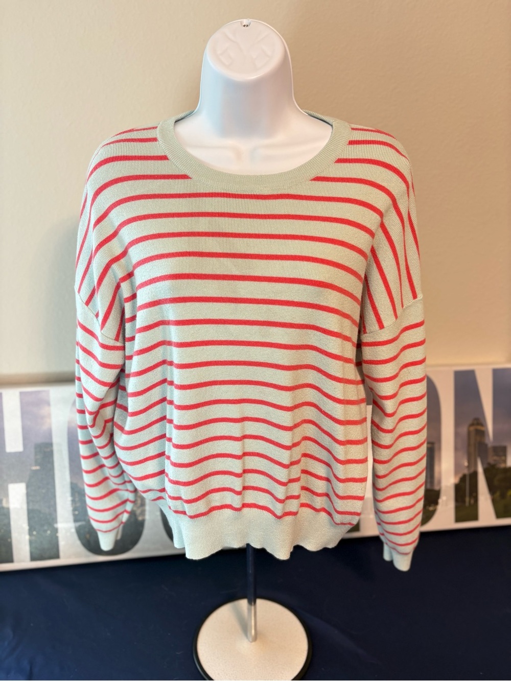 Striped Crewneck Sweater in Mint and Coral